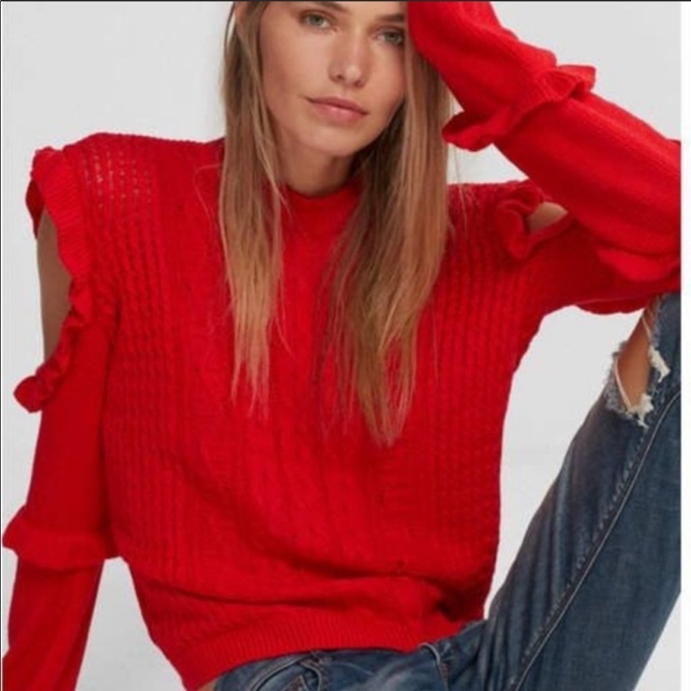 Ruffle Cold Shoulder Cable Knit Sweater